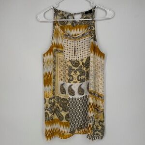 T Tahari Womens Small Sleeveless Tunic Blouse Mustard Yellow Floral Paisley Boho